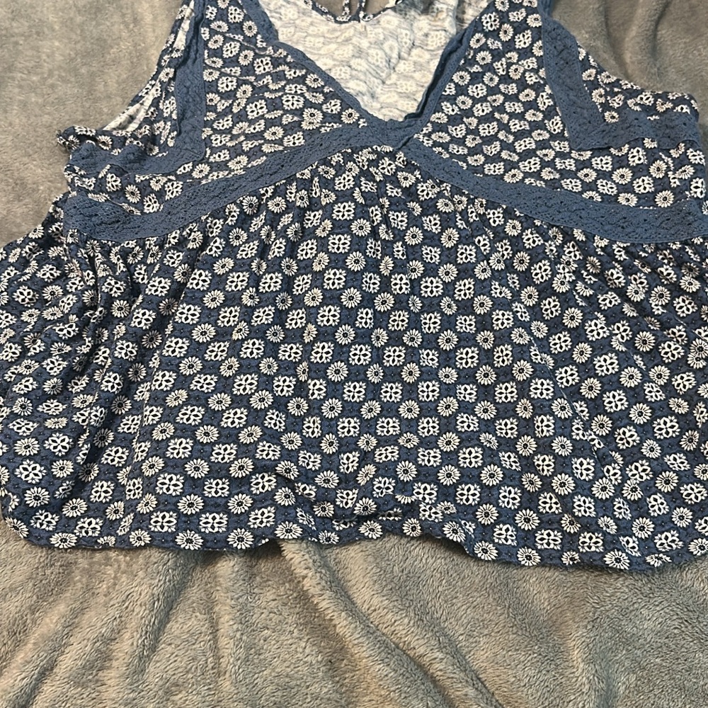 Floral Lace Trim Sleeveless Top - Blue- Juniors